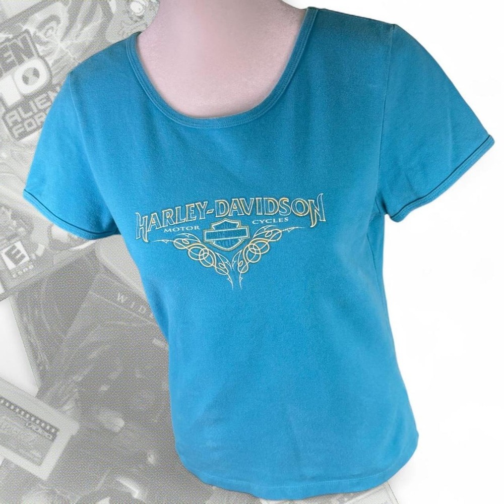 Vintage Y2K Blue Yellow Harley Davidson Babydoll Tribal Graphic Top W/ Eagle Hit